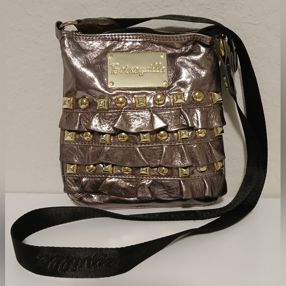 Betsey Johnson Metallic Crossbody Bag with Ruffles & Gold Accents